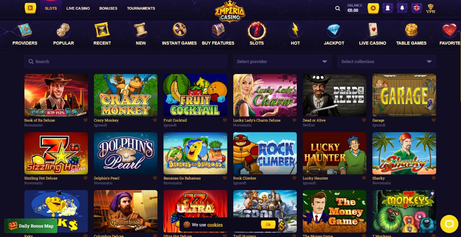 Emperia Casino's games page featuring the slot icons under main tab categories and account buttons