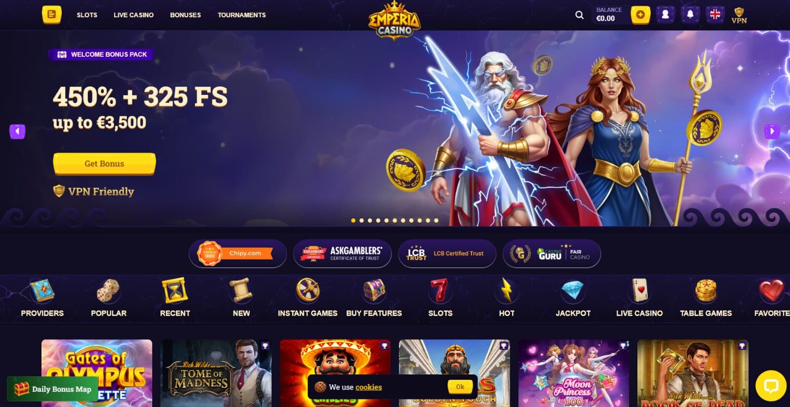 Emperia Casino's landing page featuring the welcome bonus banner with the 450% and 325 free spins, game category tabs and features top slots
