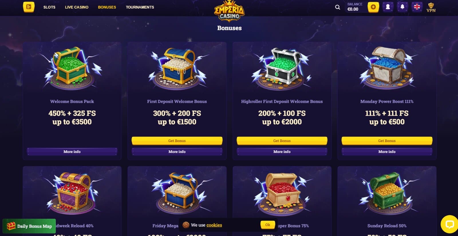 Emperia Casino's promotions page featuring the welcome offer, reload bonuses, and cashback bonus with images of treasure chests
