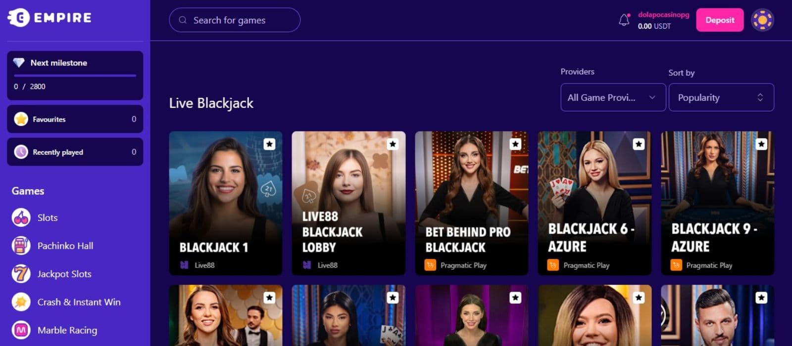 Empire Casino’s live games category, showing variations of blackjack.