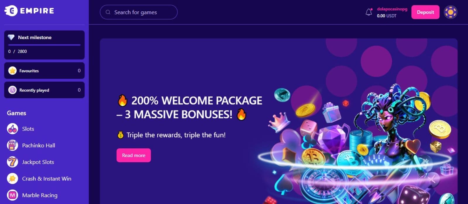 Empire Casino’s homepage, showing the 200% welcome package.