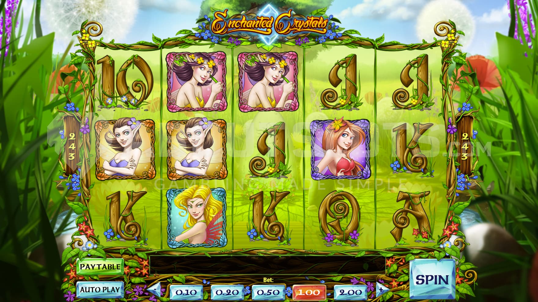 Base Game view of a 5x3 grid populated by pixie symbols, on a backdrop of a grassy meadow.