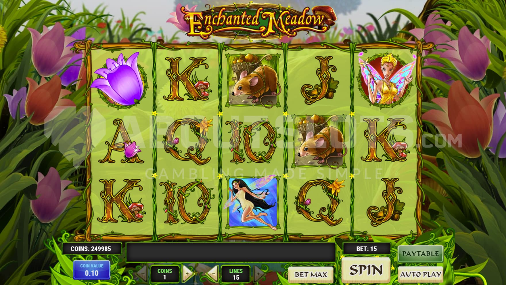 Base Game view of a 5x3 grid on a backdrop of a flowery meadow.