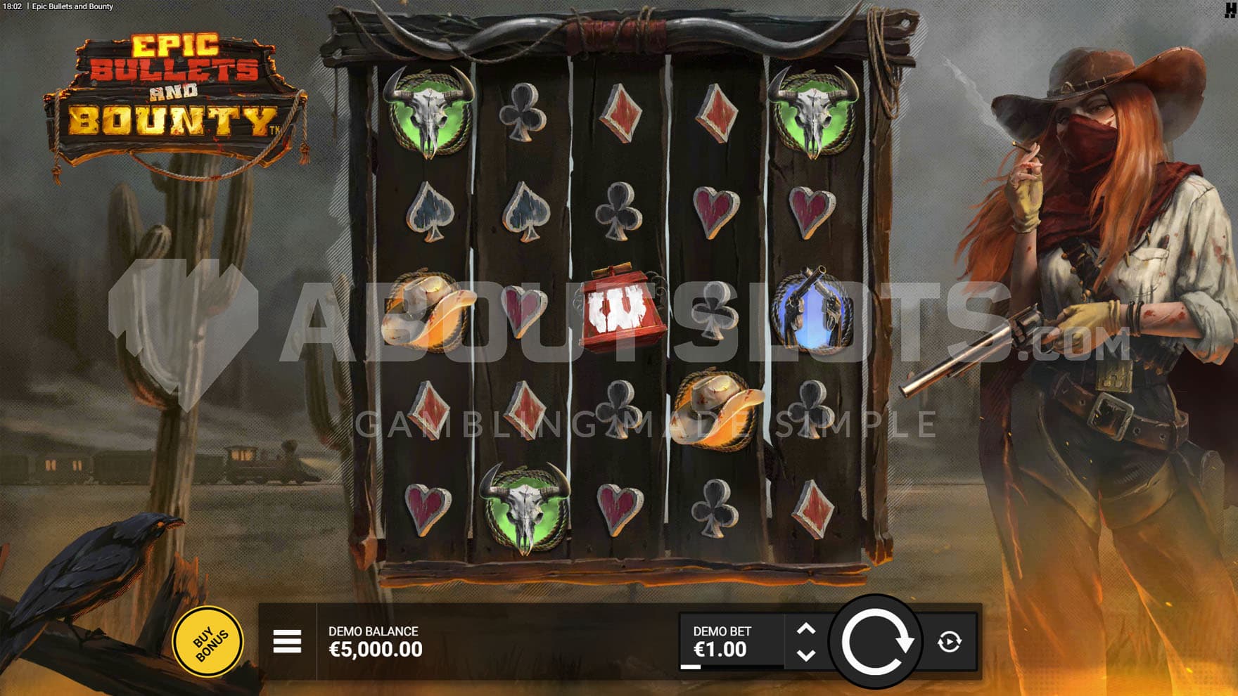 Base Game view of a 5x5 grid on a backdrop of a grim Wild West landscape with a female bounty hunter standing on the right.