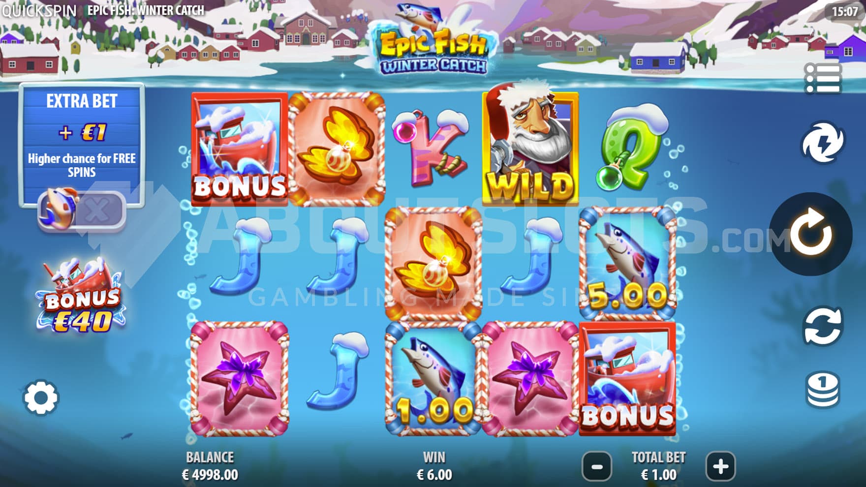 Base Game view of a 5x3 grid submerged underwater, with a fishing town visible above the surface.