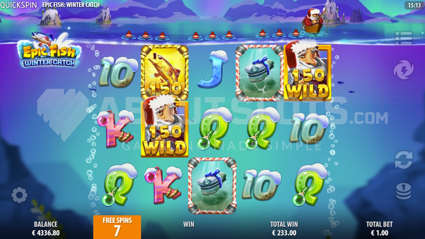 Golden Pollock Free Spins in progress, showing 2 Wilds collecting the 150x prize from the golden fish symbol.