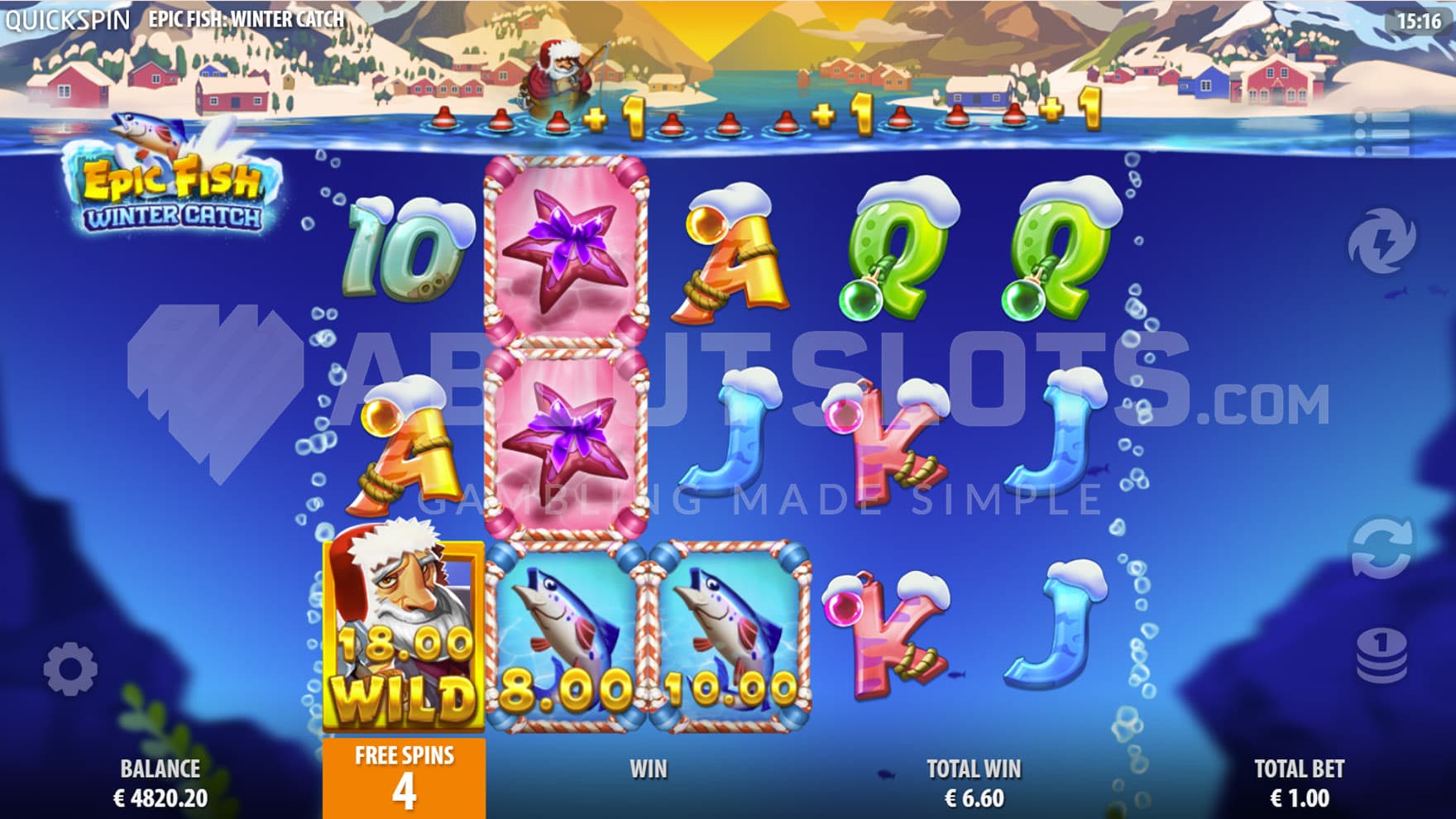 Winter Spins bonus in progress, showing a Wild collecting prizes from 2 fish symbols.
