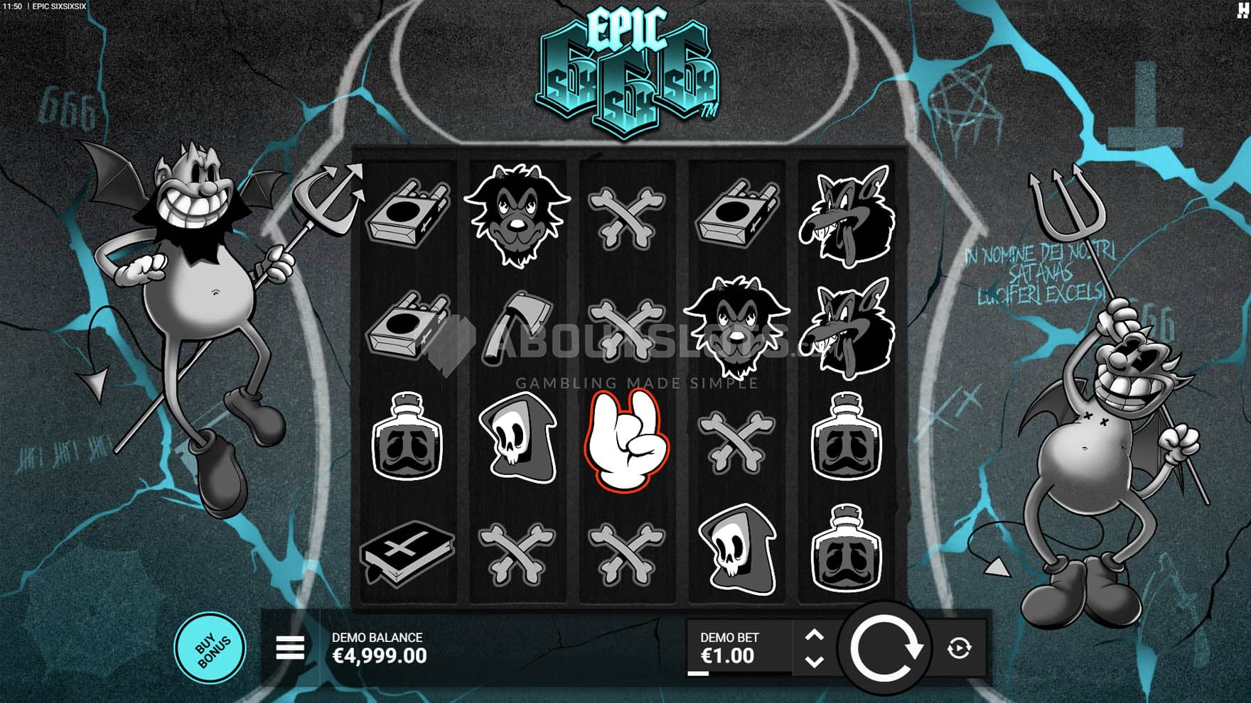 Screenshot of the base game, showing a 5x4 grid on a grey backdrop with teal drawings and two cartoon devils on the sides.