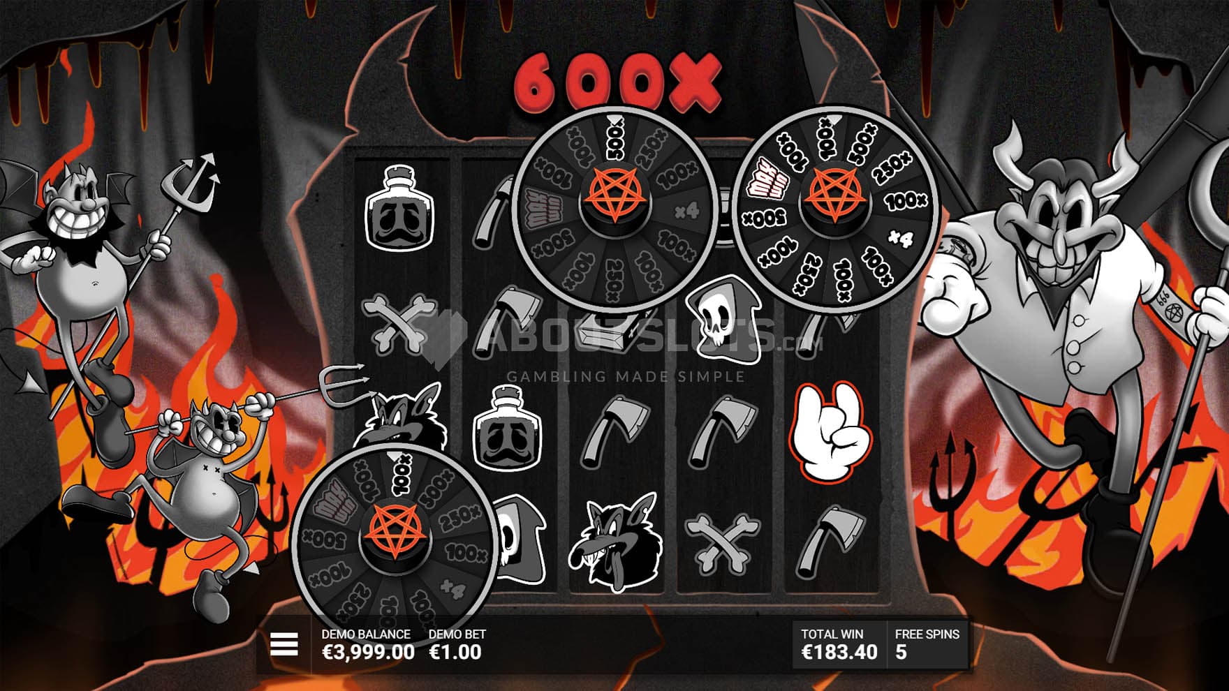 Screenshot of the Bonus Game in progress, showing three WIcked Wheels revealing multipliers.