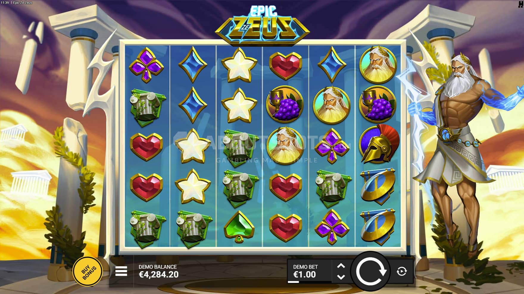 Screenshot of the base game, showing a 6x5 grid on a backdrop with golden dunes, with a Zeus hovering on the right.