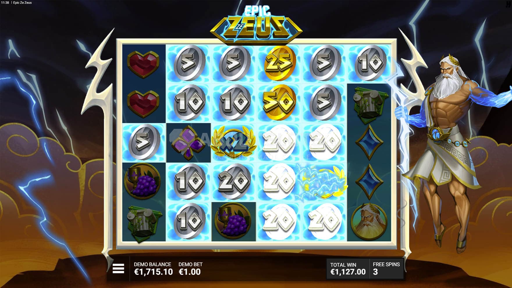 Screenshot of Ze Zeus Might Superstar Epic Bonus in progress, showing multiple highlighted positions awarding cash prizes.