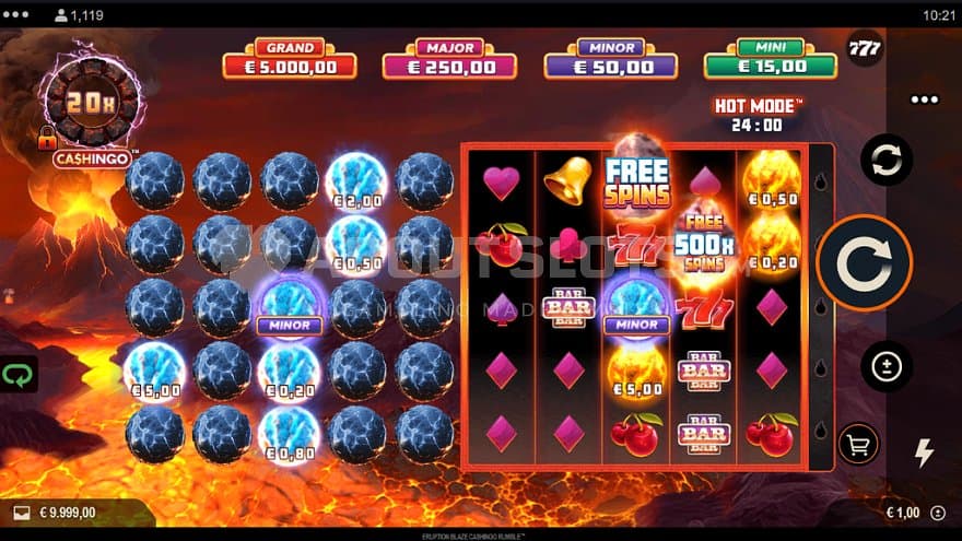 A casino slot with a volcano theme.