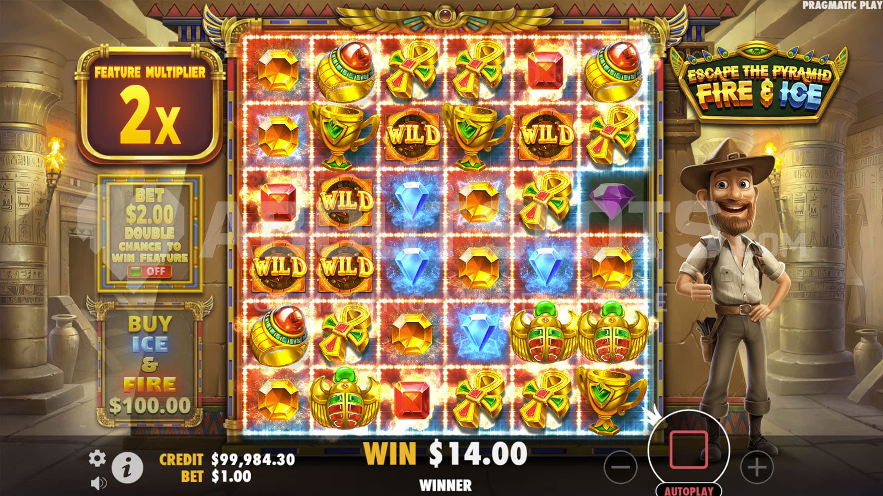 Fire Feature in progress with multiple Wilds contributing to winning combinations and an x2 multiplier accumulated.