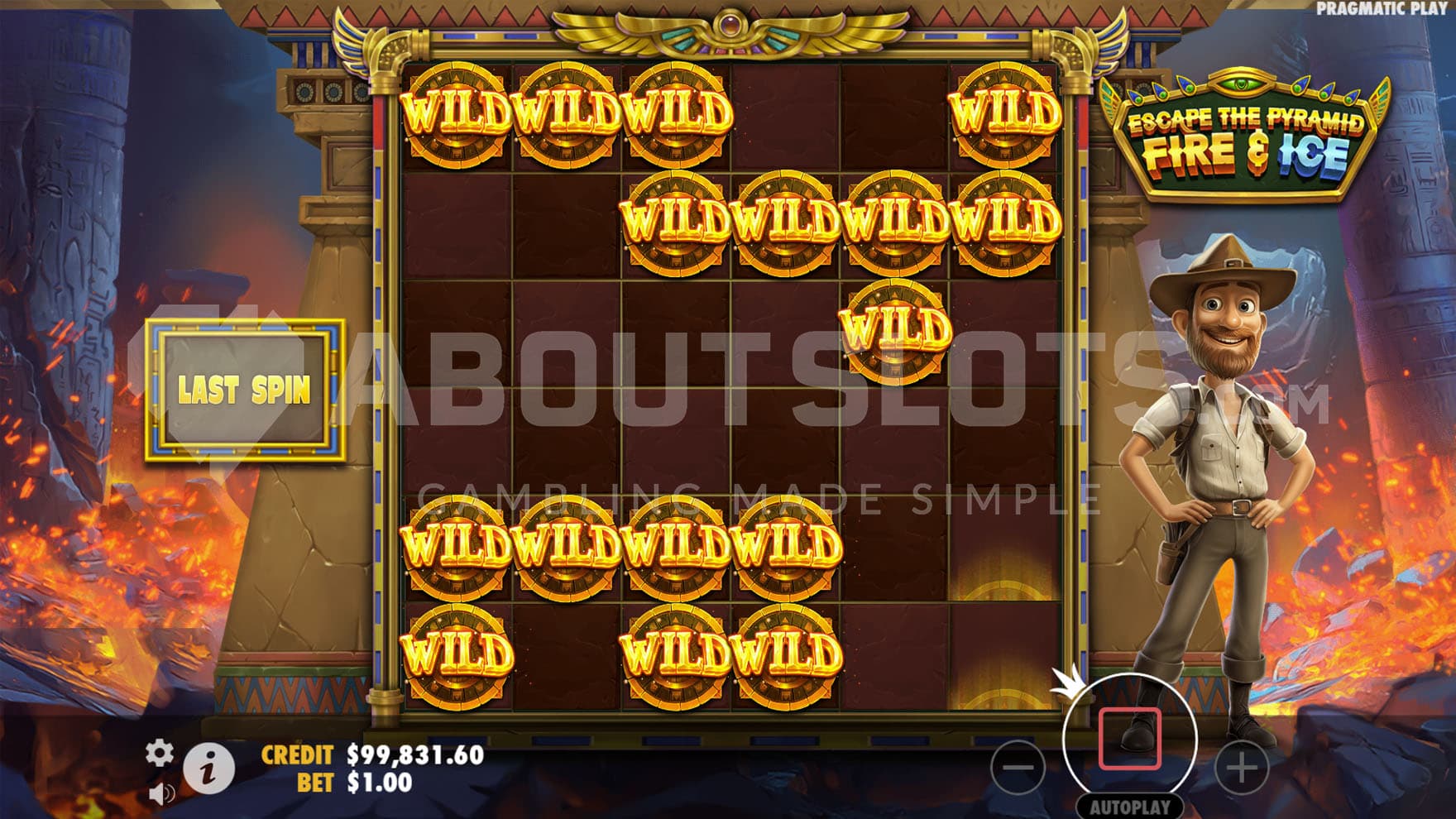 Fire & Ice feature in progress with multiple Wild symbols sticking to the grid.