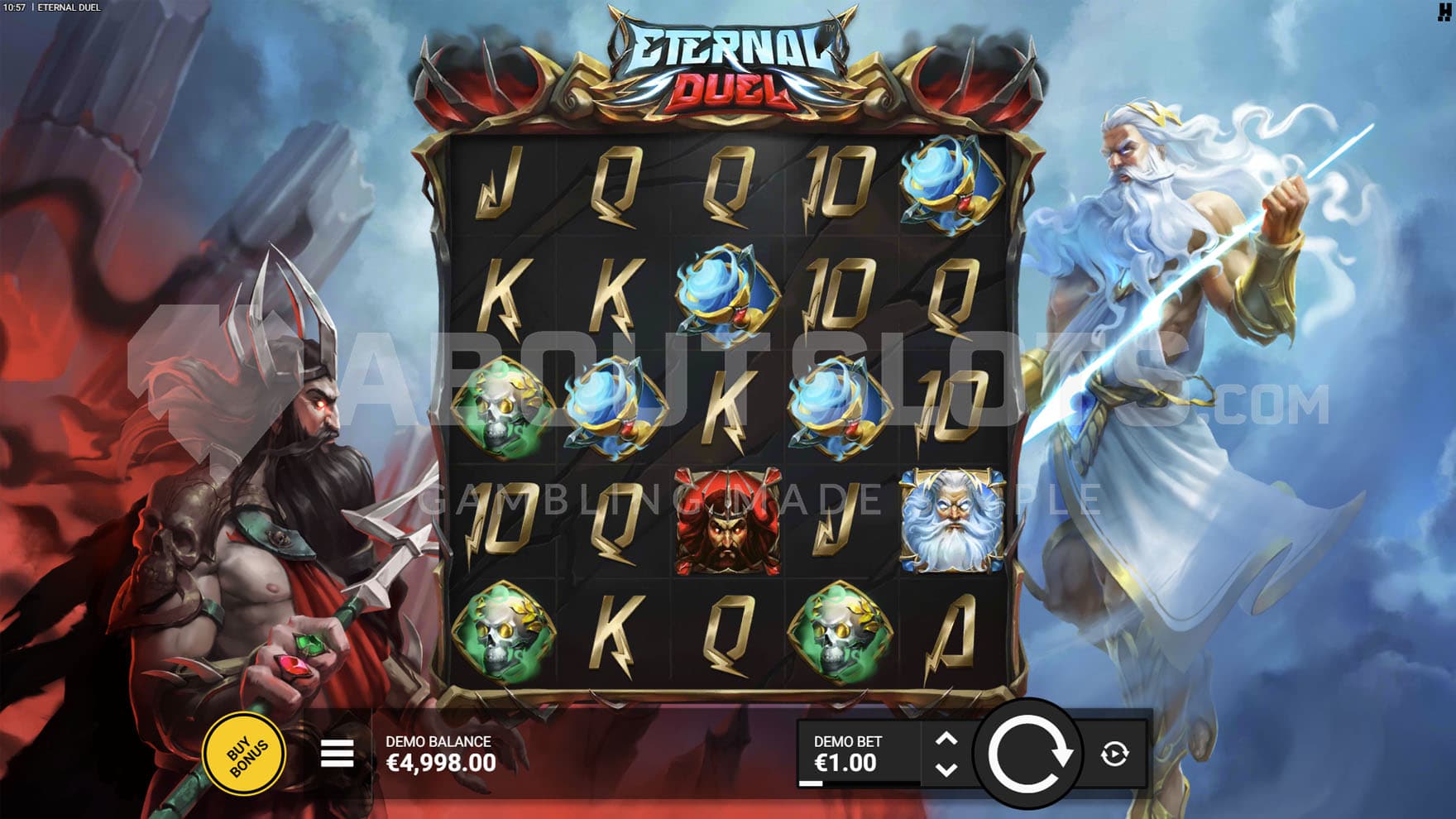 Base Game view of a 5x5 grid on a backdrop of a realm split into Zeus' and Hades' side.