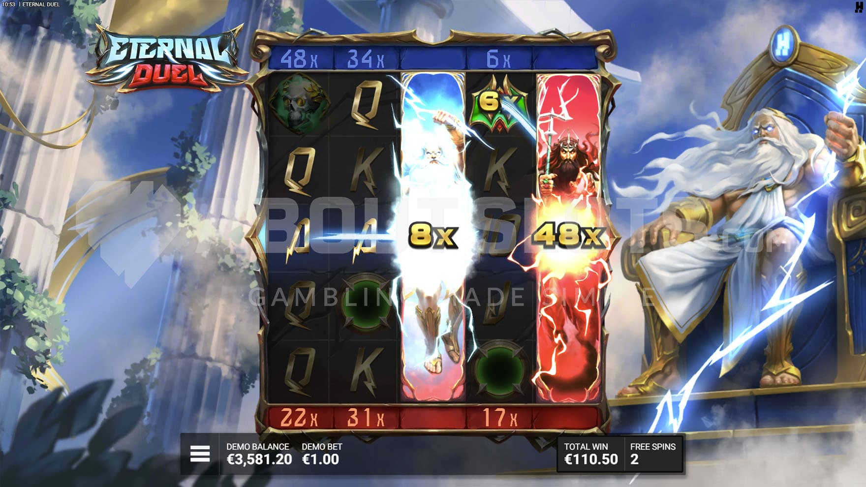 Zeus Fury Bonus in progress, showing two DuelReels with mulitpliers of x8 and x48.