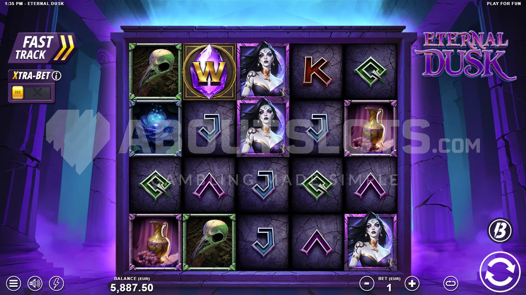 Base Game view of a 5x4 grid on a purple background depicting an inside of an ancient temple.