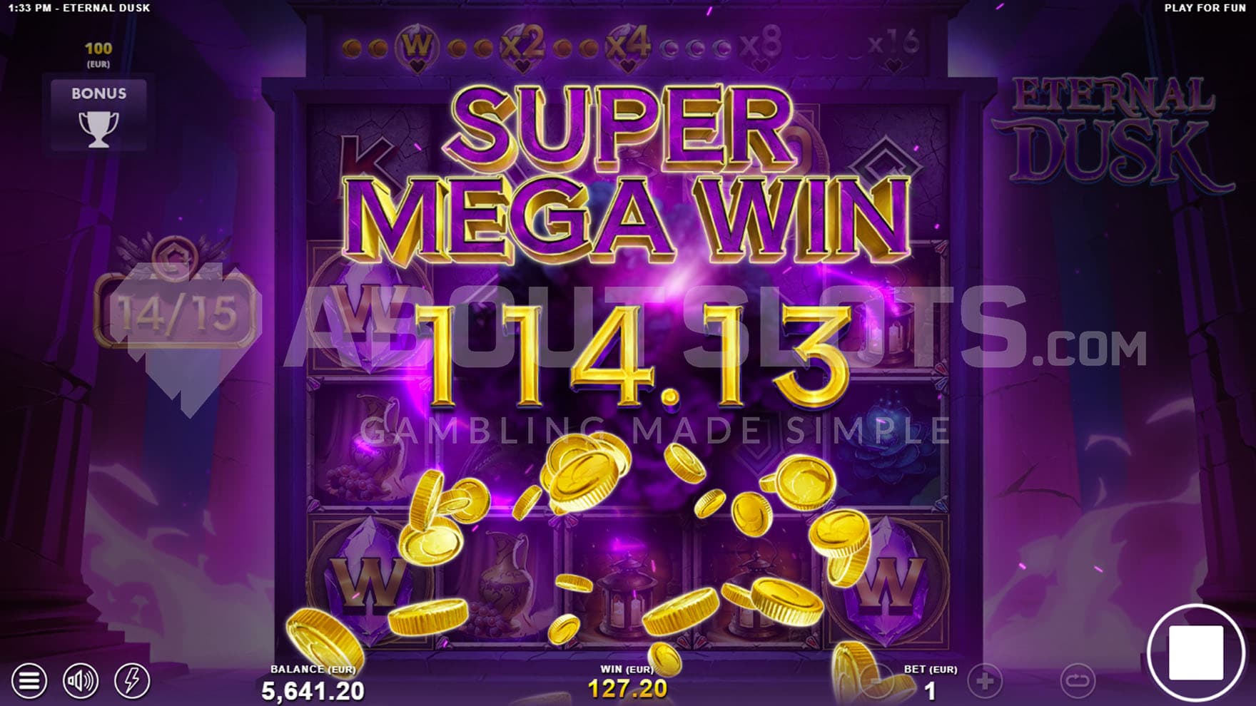 Super Mega Win presentation showing a win of 114.13.
