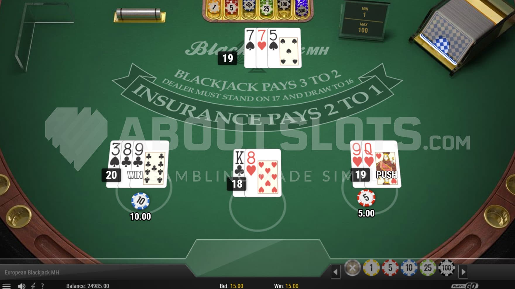 Base Game view of a green felt casino table with 3 hands played, one resulting in Push, one lost, and one won.