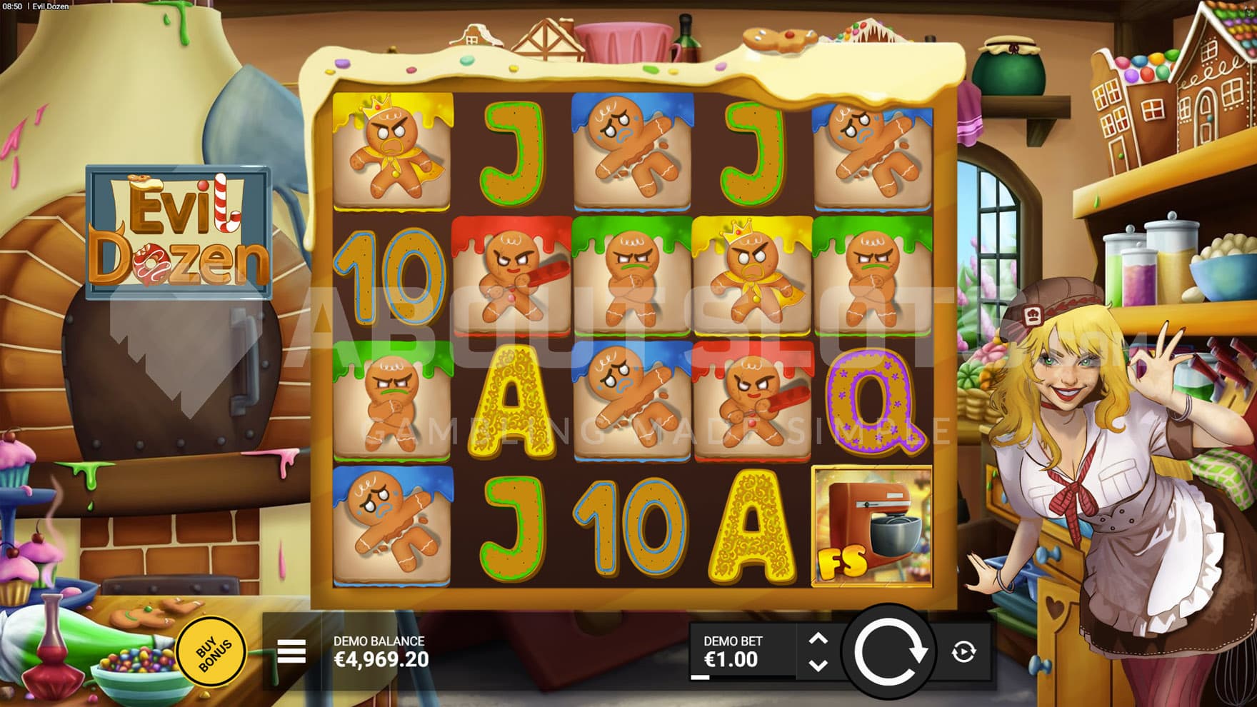 Base Game view of a 5x4 grid on a backdrop of a confectionery, with a lady baker standing on the right.