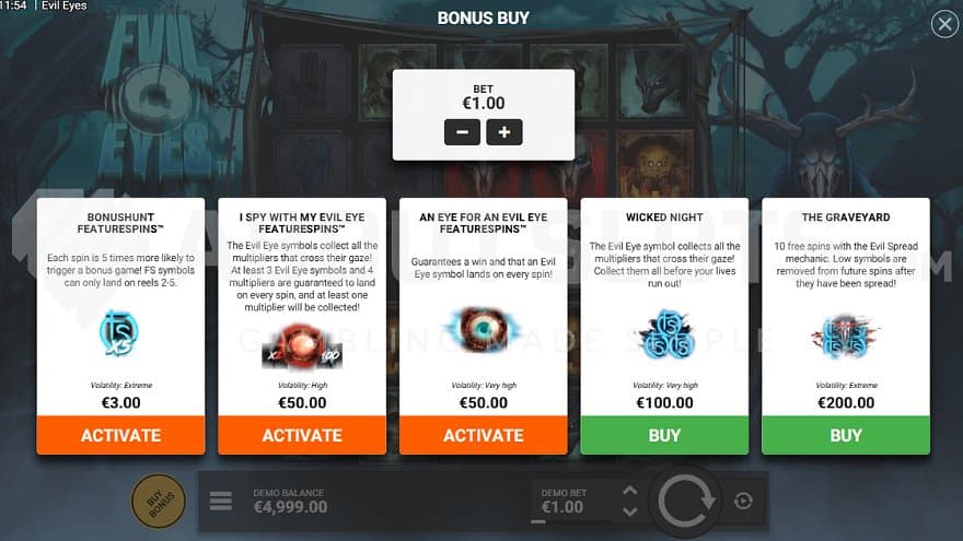 A menu offering five features from 3X to 200X the bet.