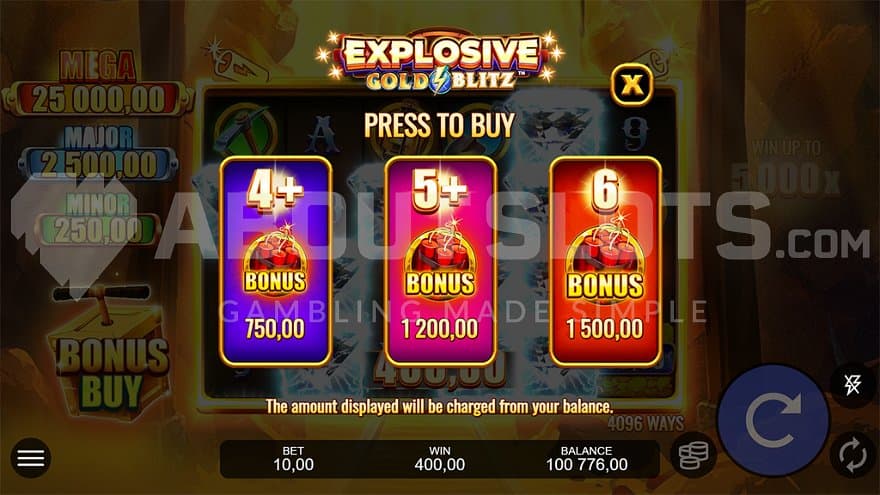 A screen offering the Free Spins for 75X, 120X, and 150X the bet.