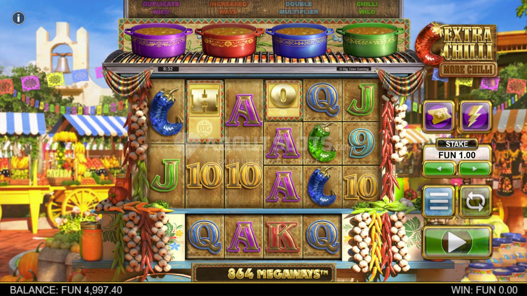 Screenshot of the base game, showing a 6-reel grid on a backdrop of a vibrant Mexican market.