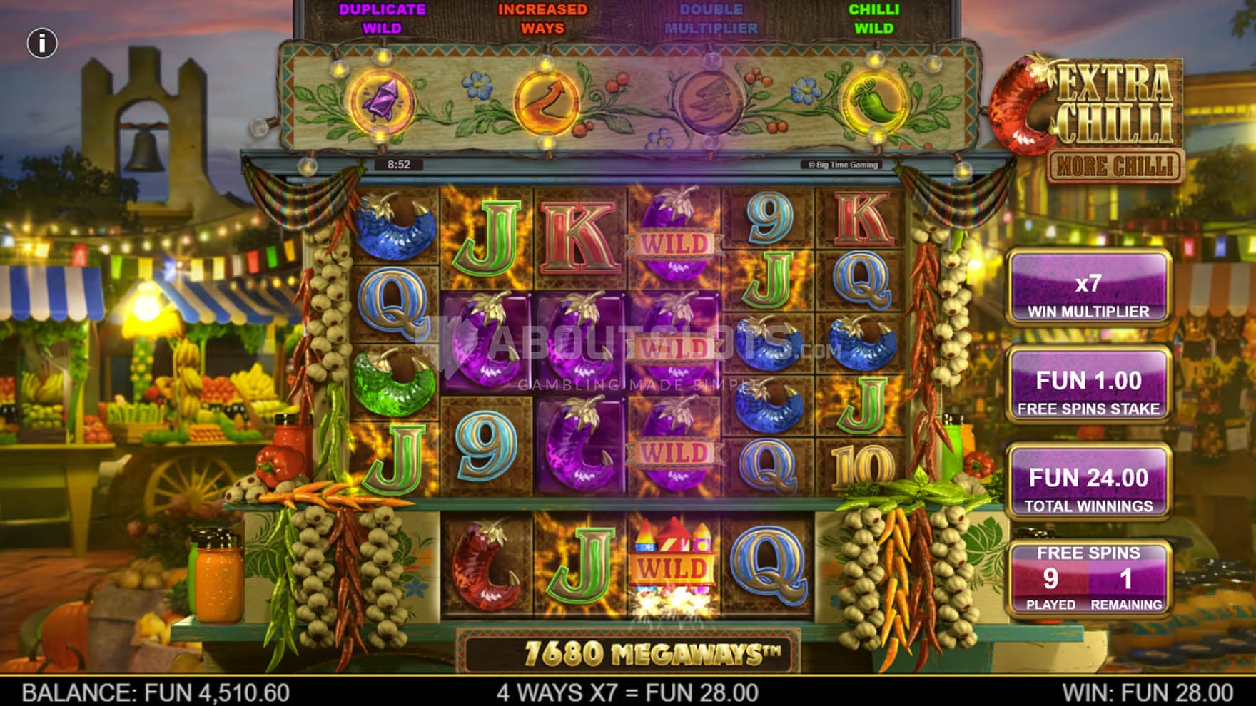Screenshot of the Free Spins bonus in progress, showing Wilds expanding on reel 4.