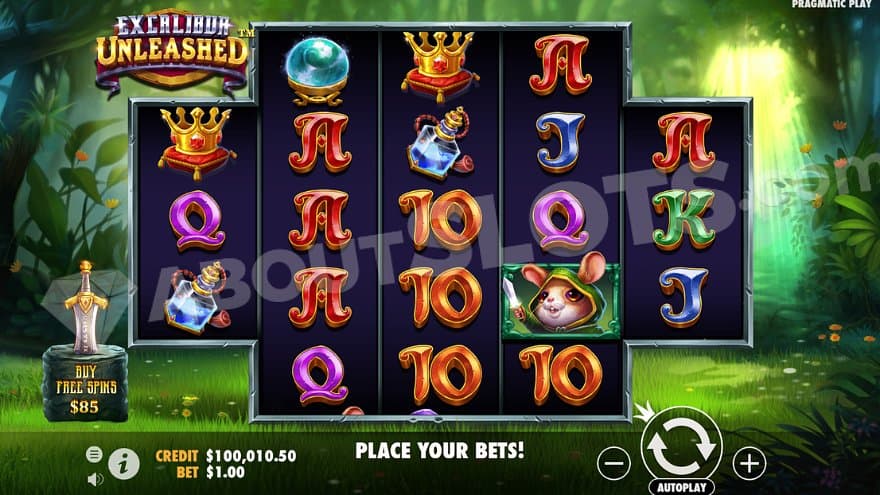 Five reels in a forest with a sword in a stone to the left.