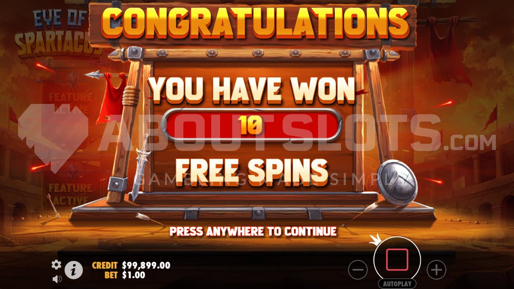 A screen welcoming the player to 10 free spins.