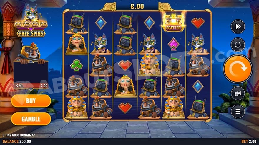 A casino slot outdoors with pyramids in the background.