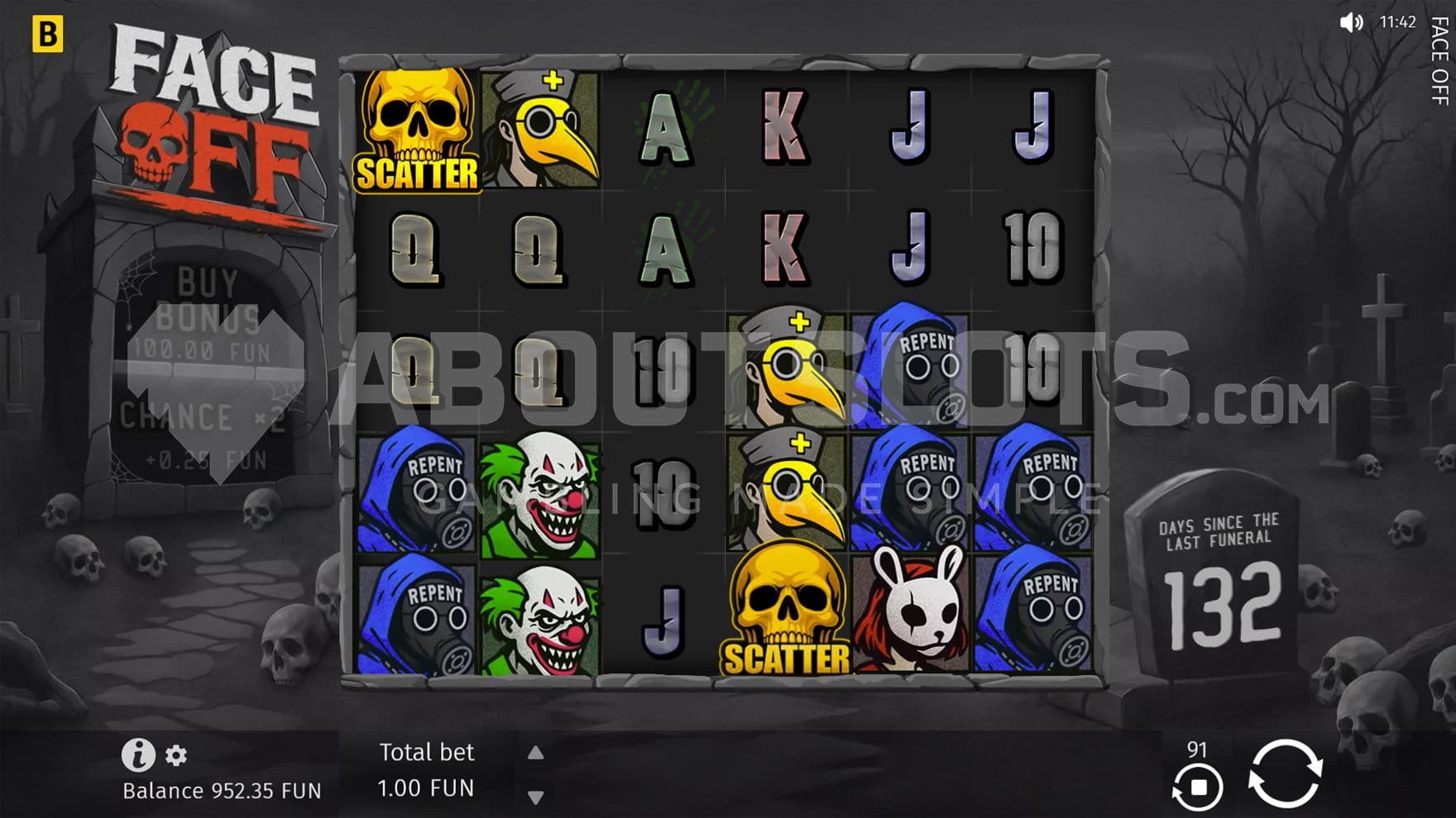 Base Game view of a 6x5 grid on a monochromatic background depicting a graveyard.