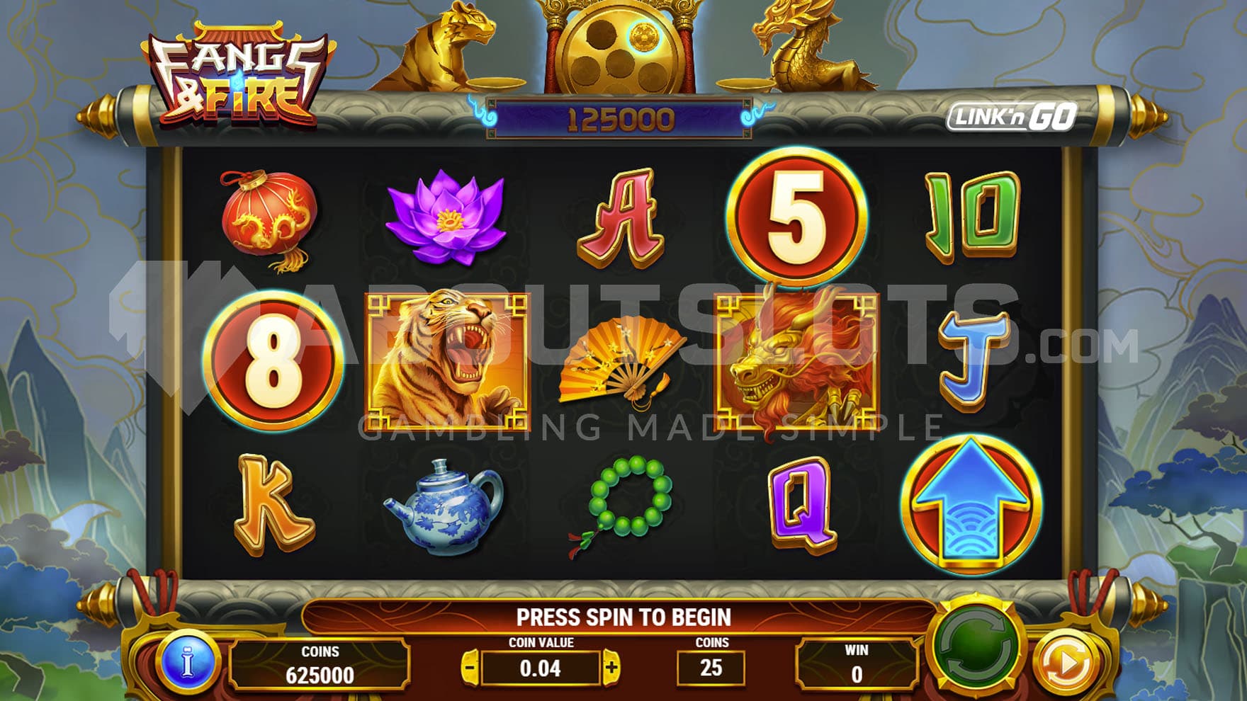 Base Game view of a 5x3 grid on a backdrop of a painted natural landscape.