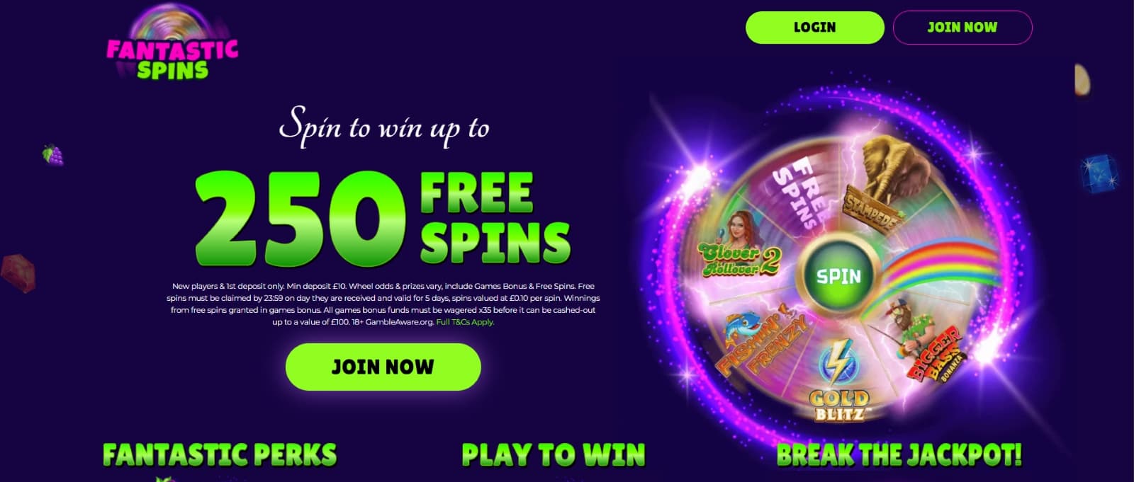 Fantastic Spins casino landing page with promotional banner with welcome bonus of free spin on prize wheel
