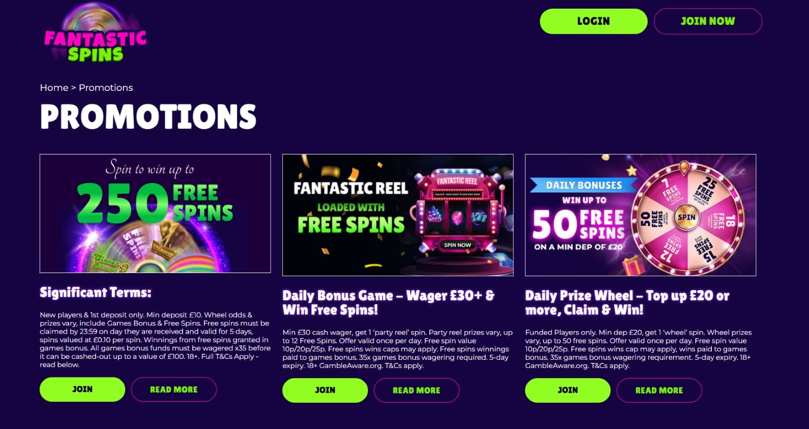 Fantastic Spins casino promotions page with 250 free spins, Daily Bonus Game, and Daily Prize Wheel