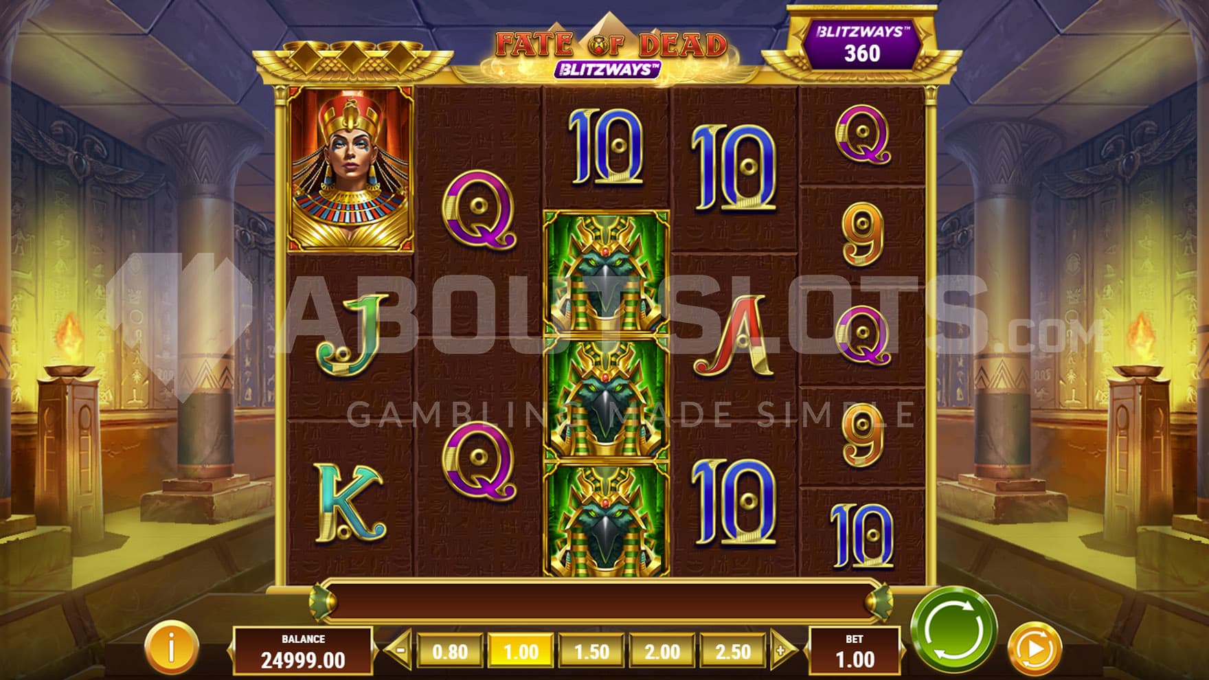 Base Game view of a 5-reel grid with randomized reels on a backdrop of an Ancient Egyptian tomb.