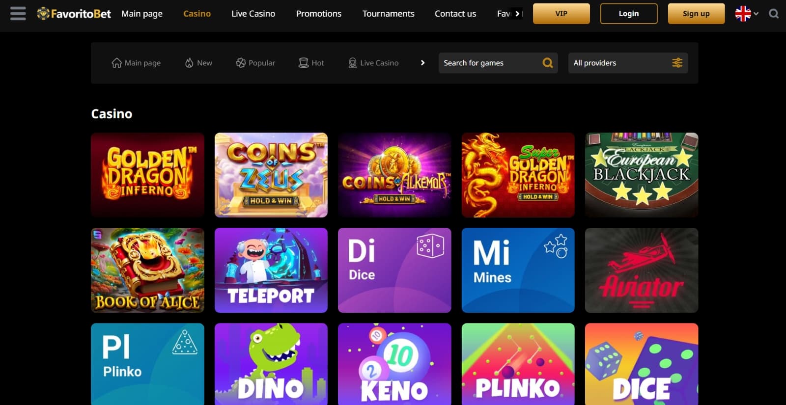 FavoritoBet casino games page with casino and slot games under provider and game search filters