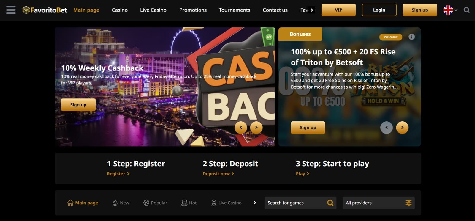 FavoritoBet casino landing page with 10% weekly cashback promotional banner with image of city at night