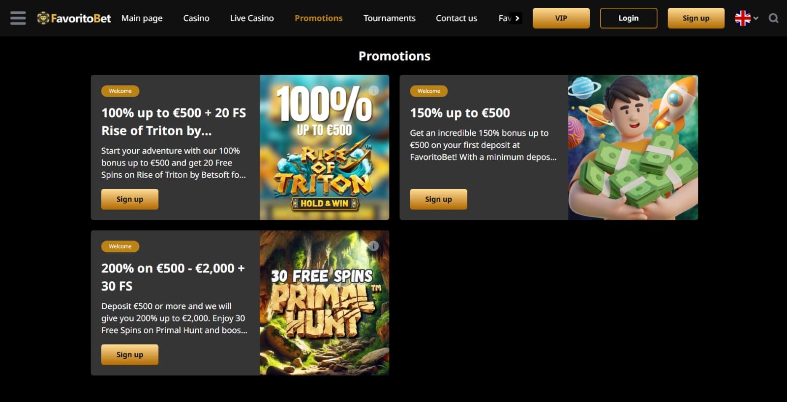FavoritoBet casino promotions page with three welcome bonuses