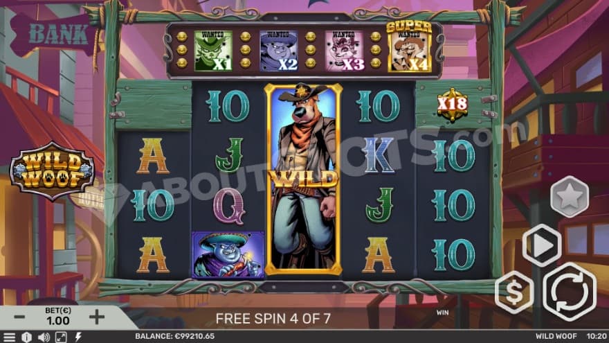 Super Free Spins bonus game with a expanded wild symbol in the middle reel.