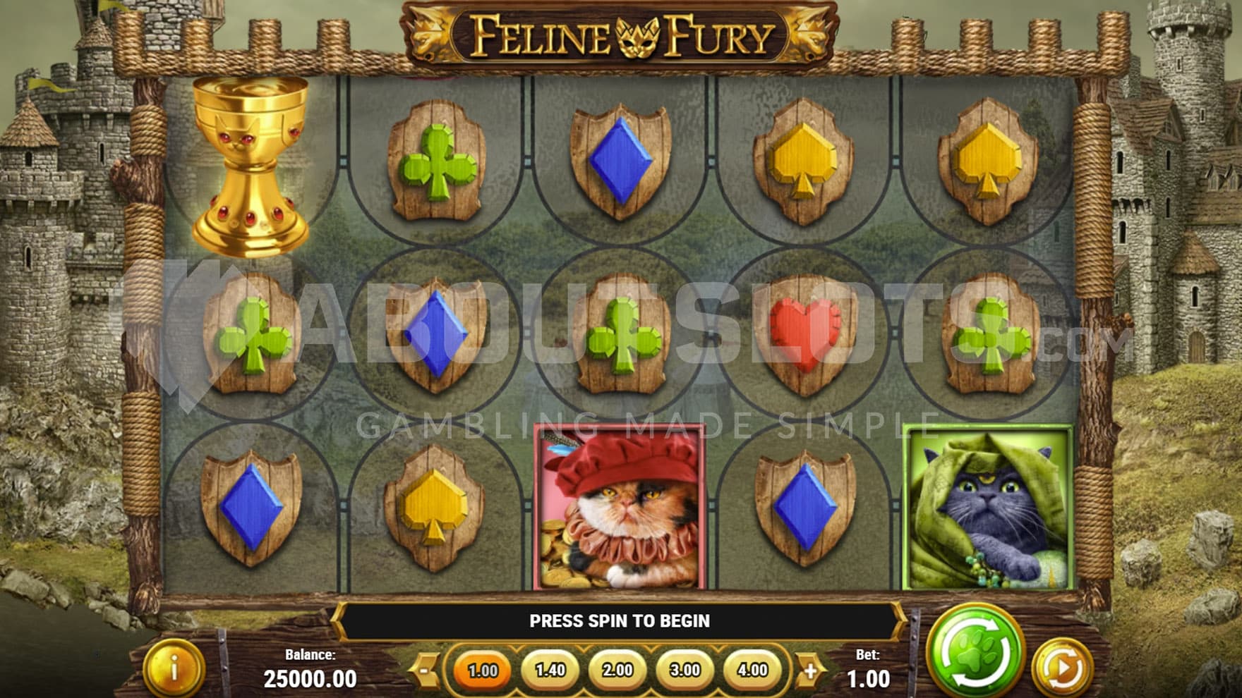 Base Game view of a 5x3 grid on a backdrop of a painted medieval castle.