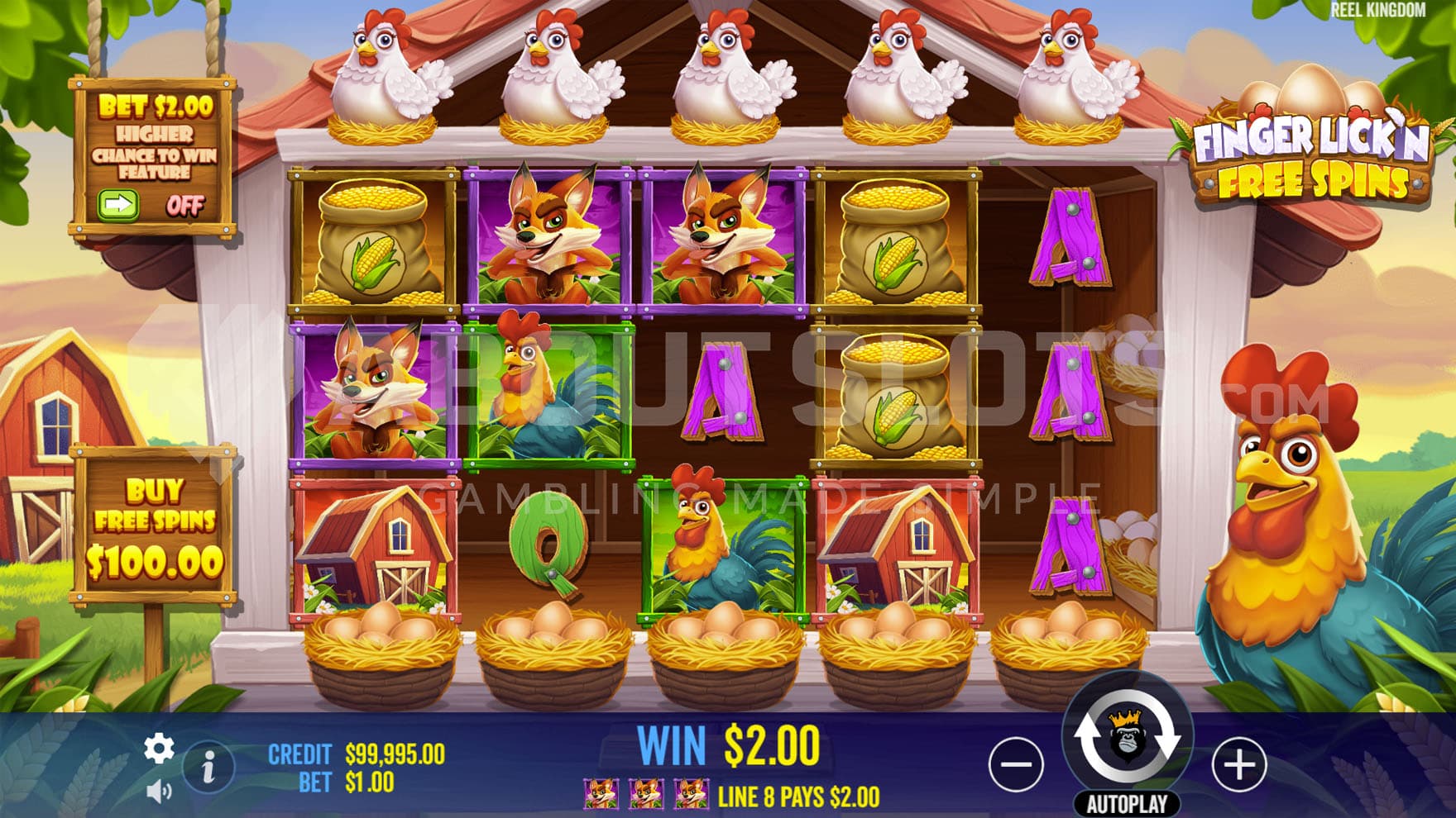Base Game view of a 5x3 grid on a backdrop of a farm, with 5 hens sitting on top of the reels and a rooster on the right side.
