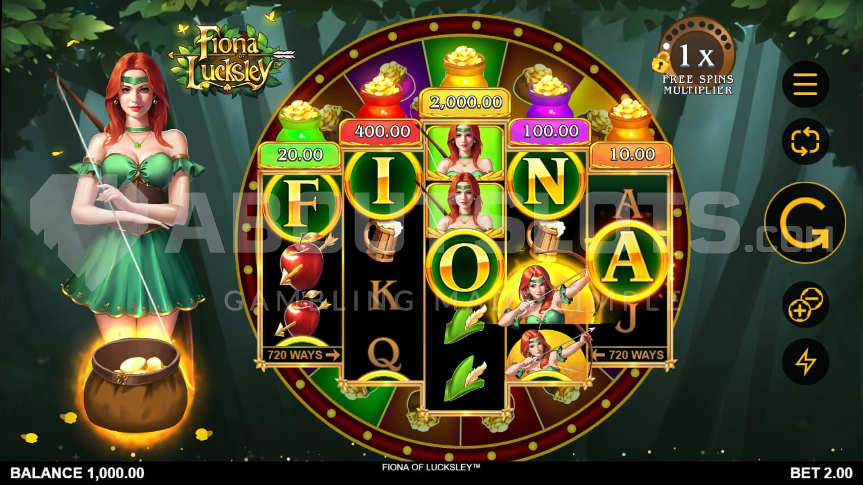 A casino slot with a woman holding a bow to the left of the reels.