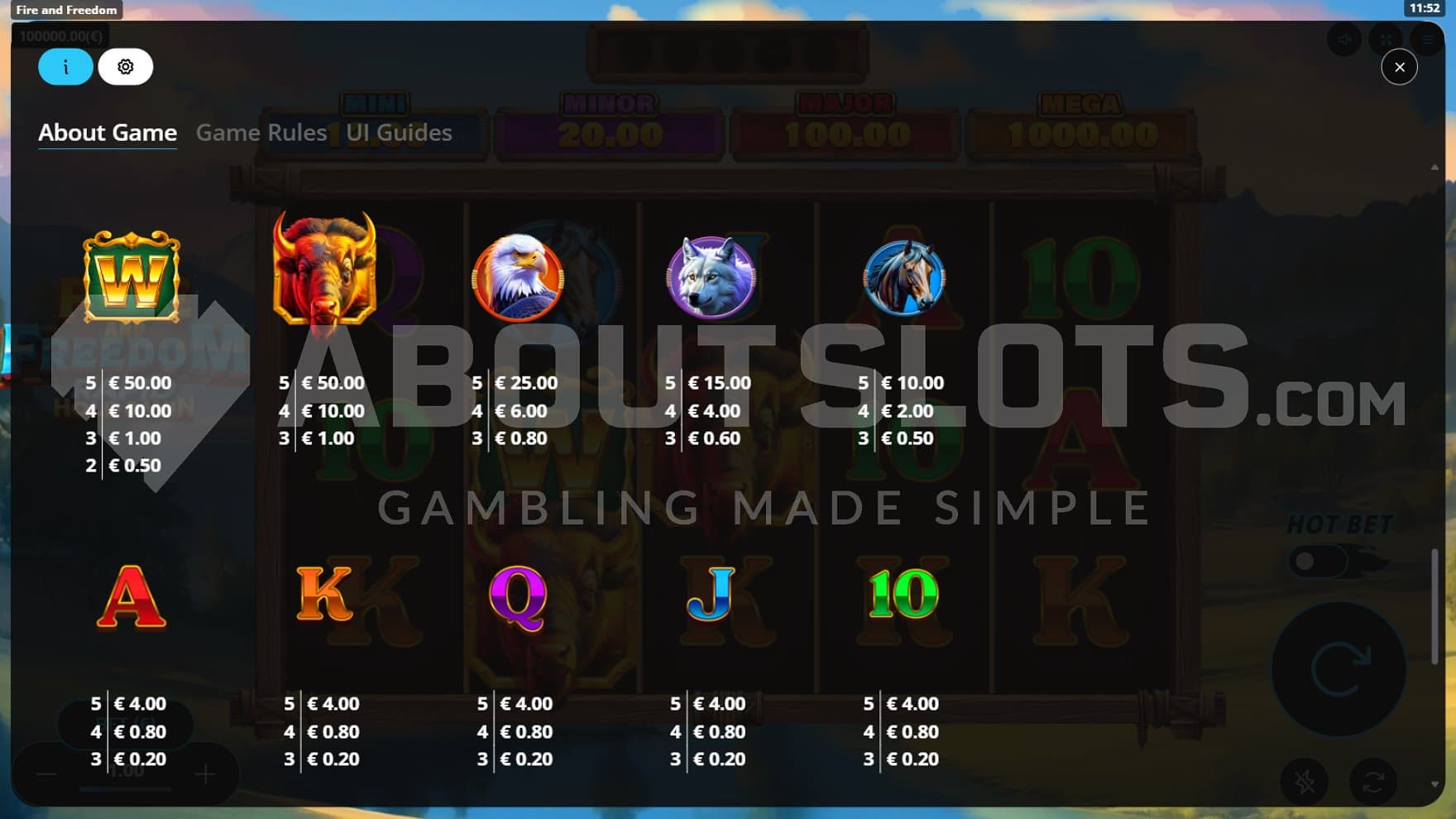 A screen showing the nine regular symbols and the wild symbol.