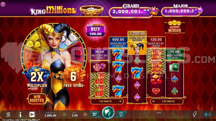 A casino slot with a female joker next to the reels.