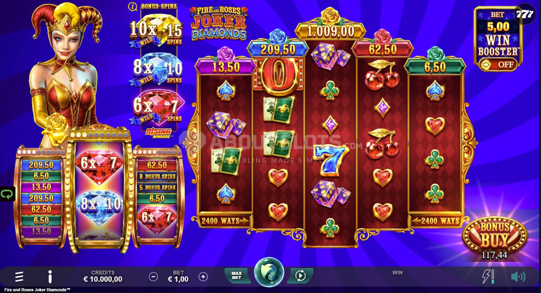 Screenshot of the base game, showing a 5-reel grid on a blue backdrop, with a female joker standing on the left.