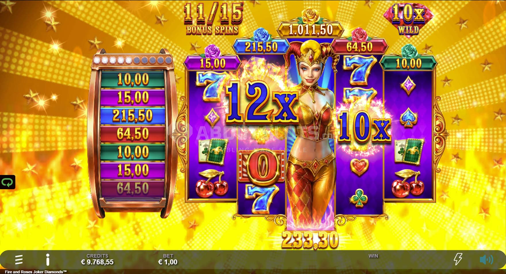 Screenshots of the Bonus Spins in progress, showing an Expanding Wild on the middle reel choosing from two multipliers.