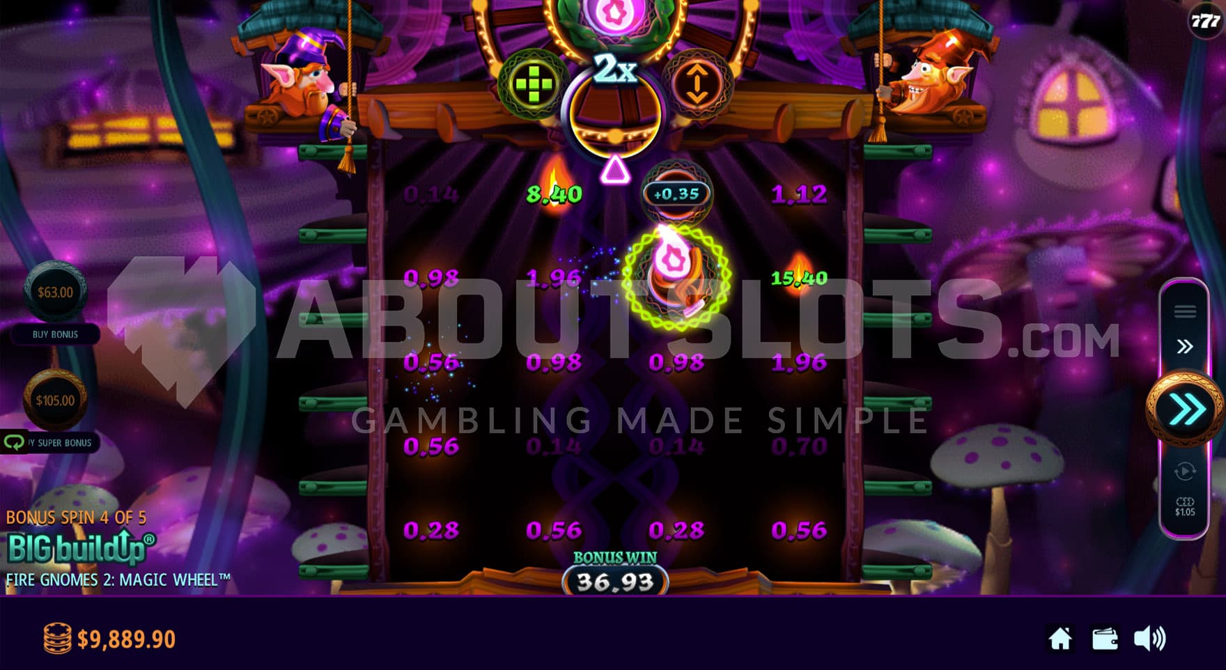 Bonus Game in progress, showing multiple positions with activated cash prizes.