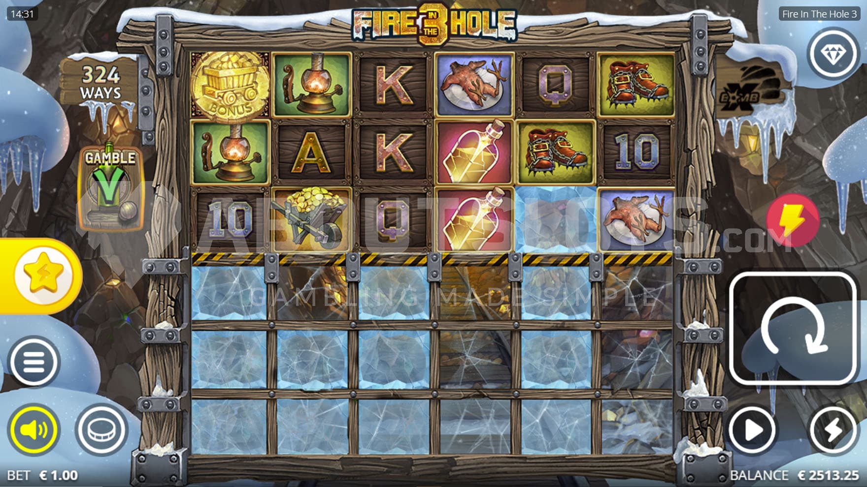 Base Game view of a 6x6 grid partially blocked, on a backdrop of an entrance to a mine covered with snow.