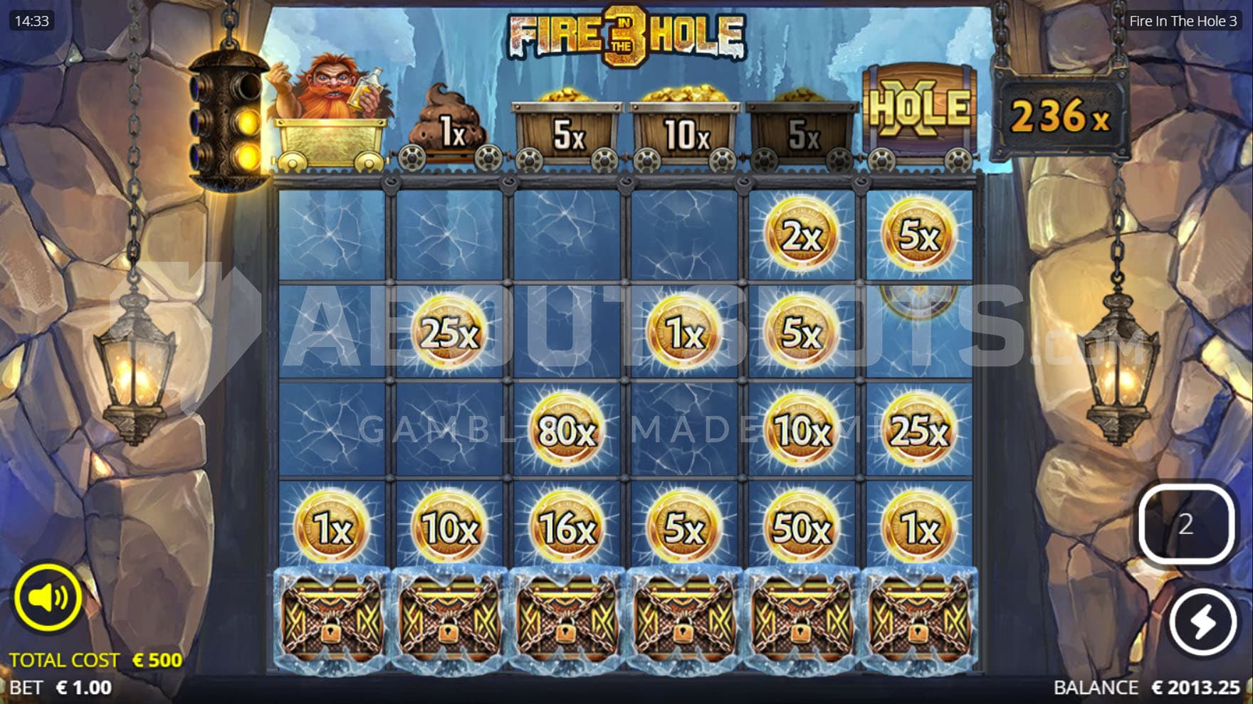 Lucky Wagon Spins bonus in progress with multiple coins hit on the grid and special symbols showing on the top horizontal reel.